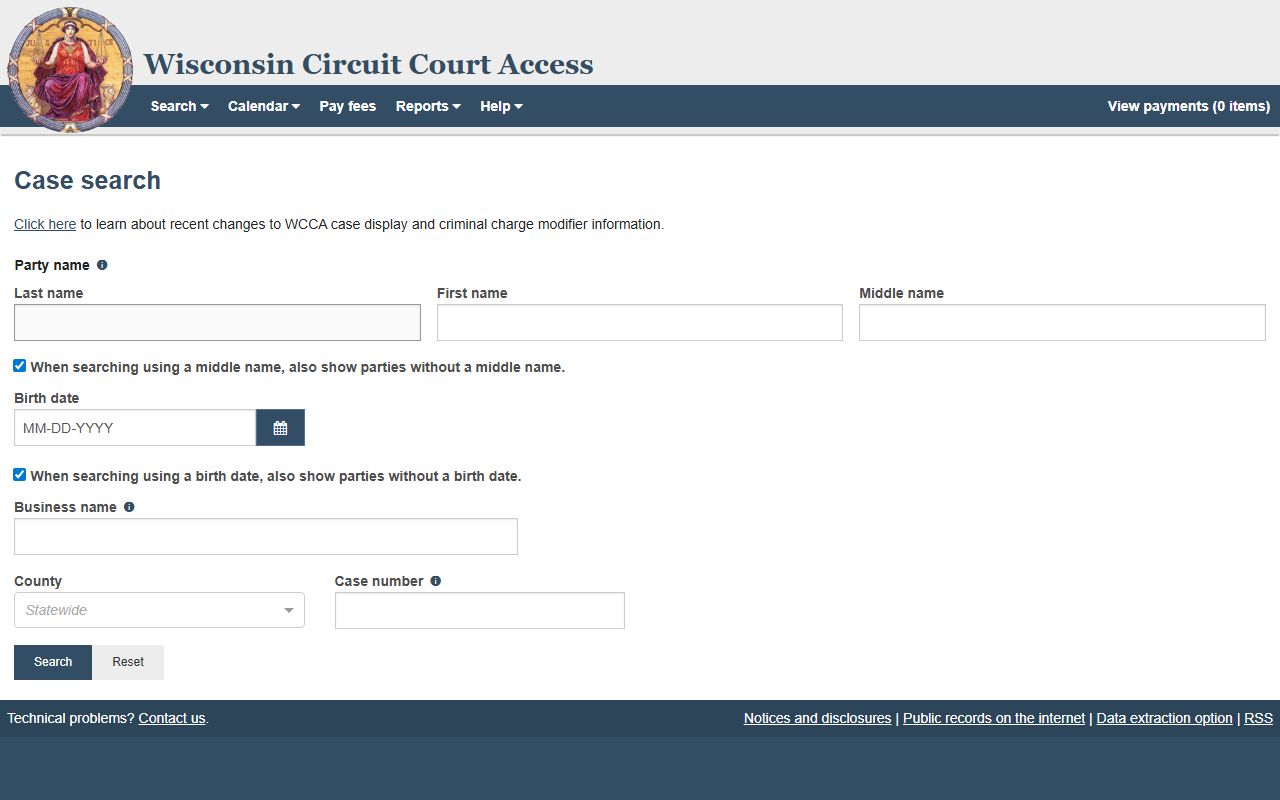 Wisconsin People Search court case search page